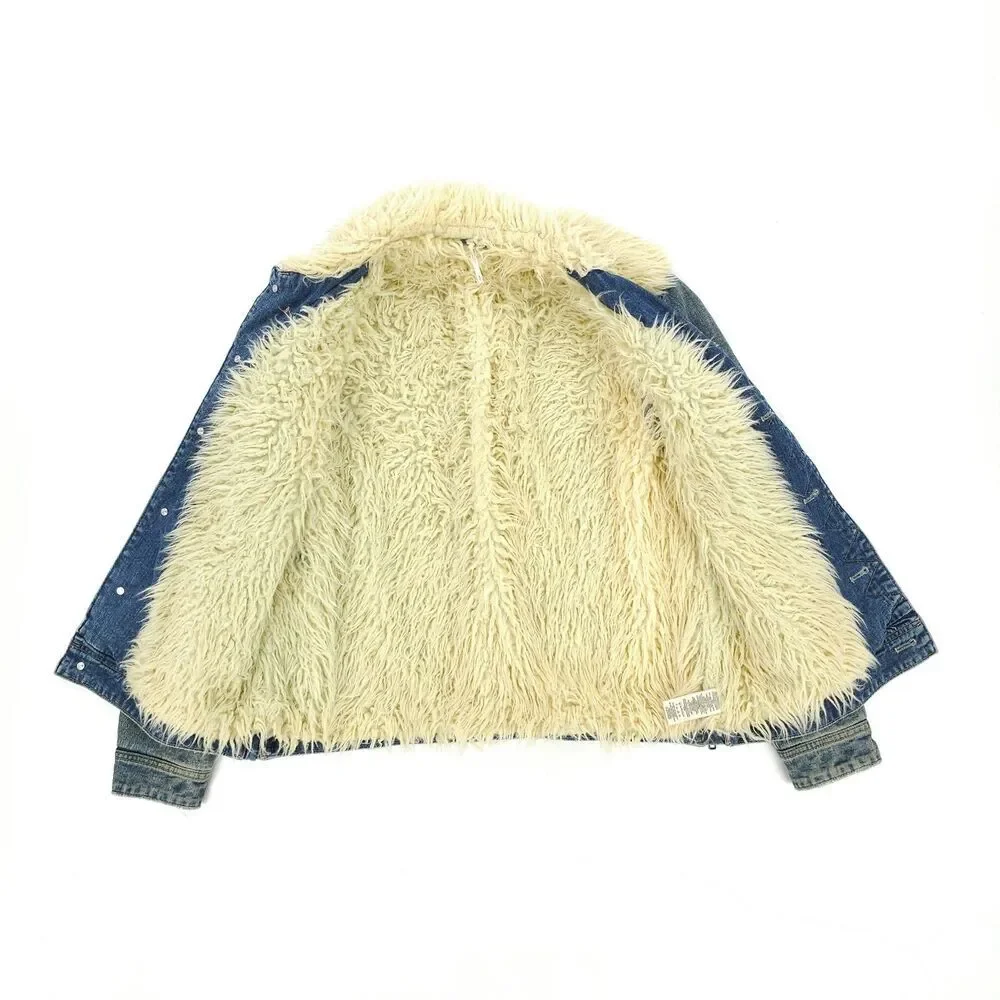 FREE PEOPLE Shaggy Fur Denim Trucker Jacket Festival Boho Indie Downtown Girl - Picture 11 of 13
